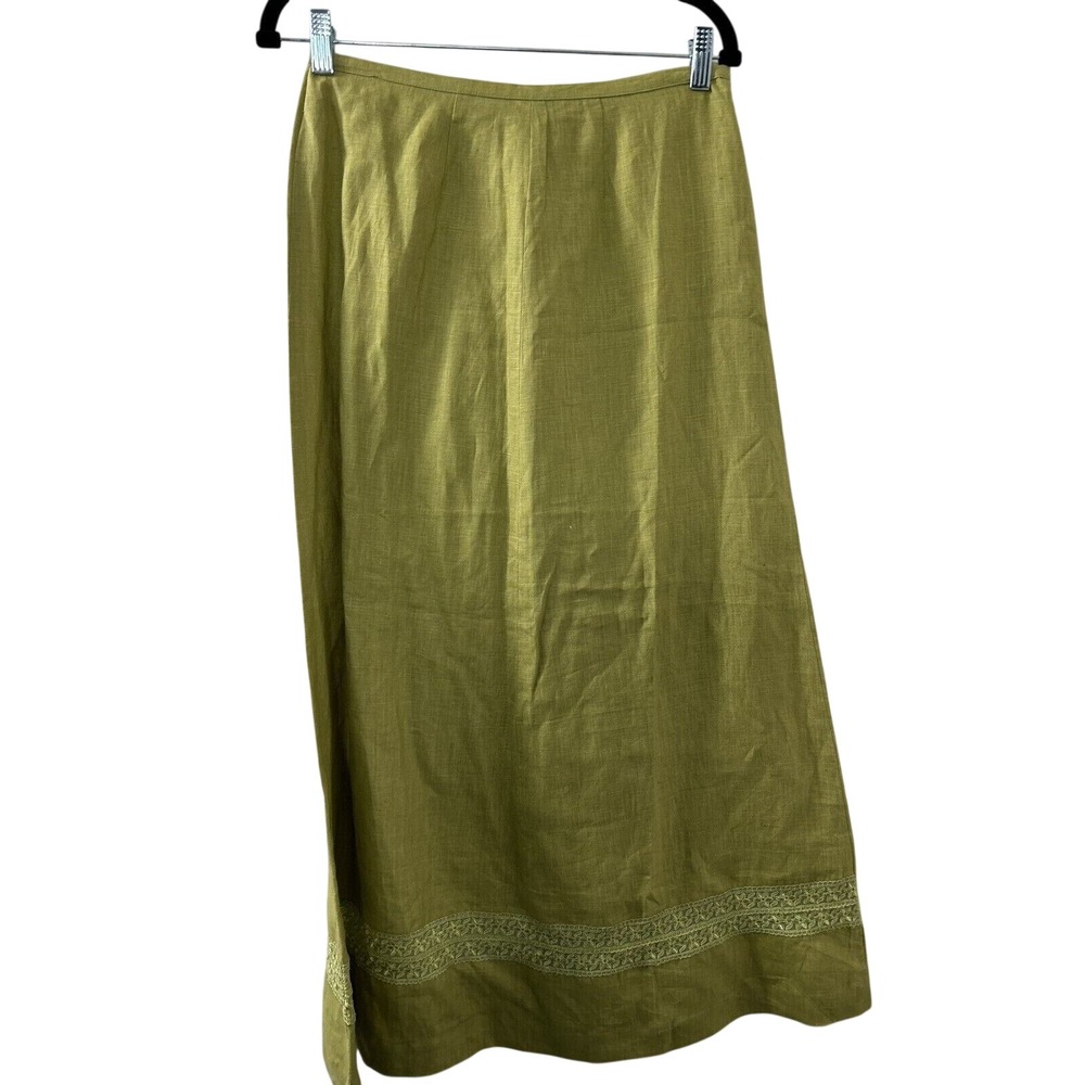 British Khaki Linen Maxi Skirt 6 Green Lace‎ Trim Hem Boho Cottagecore Coastal